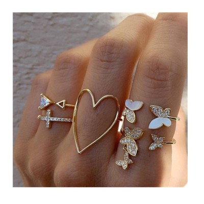 2021 New Cross Triangle Love Hollow Full Diamond Butterfly Ring 5-piece Joint Ring Set